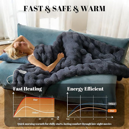 IUUI Electric Heated Blanket Twin 62''x84'',Luxury Faux Rabbit Fur Heating Blanket,Fast Heating with 1/2/4/6/8/10 Hours,Overheat Protection, Quick Heating, Memory Function, Gift-Ready Design