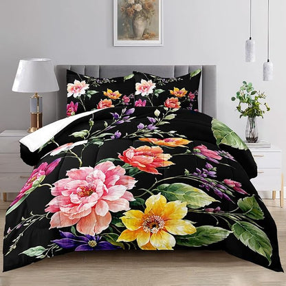 Raphus cucullatus Dark Botanical Bedding King Comforter Sets, Black and Pink, King Boho Floral Bed Set