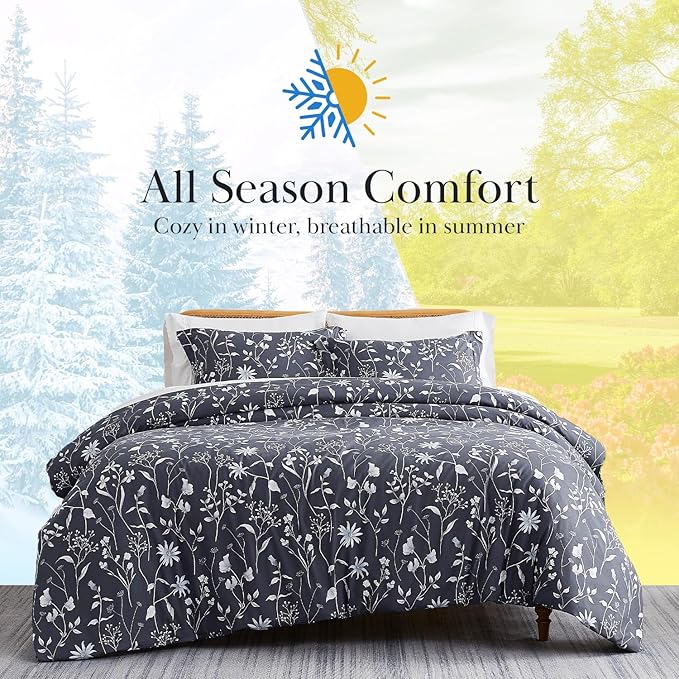 Southshore Fine Living, Inc. 3-Piece Full/Queen Size Comforter Set, Down Alternative All-Season Floral Comforter with Matching Shams, Soft Microfiber Bedspread, Full or Queen Bed, Secret Meadow Blue