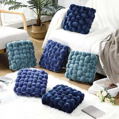 Wenqik 2 Pcs Knot Pillows Square Knotted Plush Throws Soft Accent Pillows Decoration Cushion for Couch Home Office Living Room Bedroom Bed Sofa Decor, 12'' x 13''(Blue,Crystal Velvet)