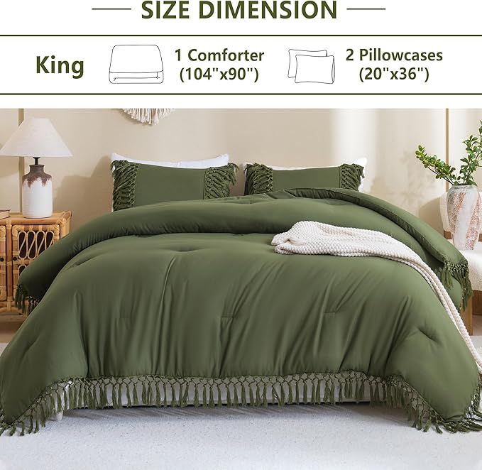 Andency Olive Green Comforter Set King, 3 Pieces Boho Tassel Lightweight Soft Bedding Comforter Sets for King Bed, All Season Fluffy Fringe Bed Set (104x90In Comforter & 2 Pillowcases)