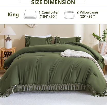 Andency Olive Green Comforter Set King, 3 Pieces Boho Tassel Lightweight Soft Bedding Comforter Sets for King Bed, All Season Fluffy Fringe Bed Set (104x90In Comforter & 2 Pillowcases)