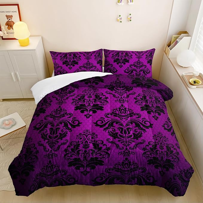 Violet Gothic Floral Print Comforter Set Full Size,Vintage Damask Floral Bedding Set,Bohemian Exotic Printed Quilted Set for Teens Adult,with 1 Comforter and 2 Pillow Case