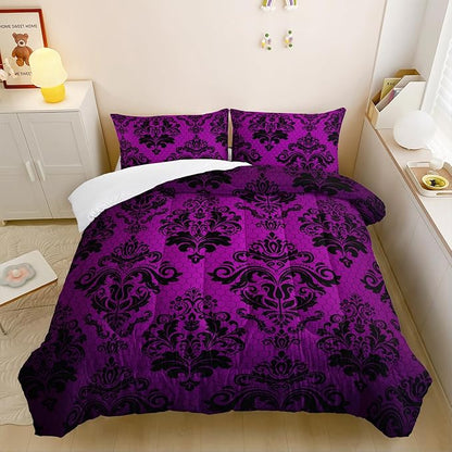 Violet Gothic Floral Print Comforter Set Twin Size,Vintage Damask Floral Bedding Set,Bohemian Exotic Printed Quilted Set for Teens Adult,with 1 Comforter and 2 Pillow Case
