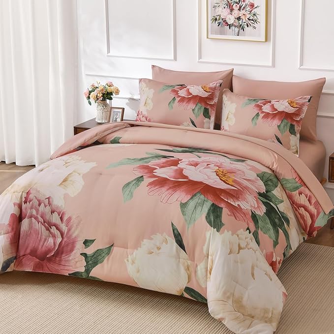 Dobuyly Coral Comforter Set Queen 7 Piece Bed in a Bag for Girls Women, Coral Pink Floral Bedding Set, Soft Microfiber Bed Set with Comforter, Sheets, Pillowcases & Shams