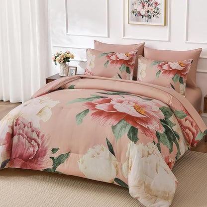 Dobuyly King Size Comforter Set Coral Pink 7 Piece Bed in a Bag, Pink Floral Bedding Set for Girls Women, Soft Microfiber Bed Set with Comforter, Sheets, Pillowcases & Shams