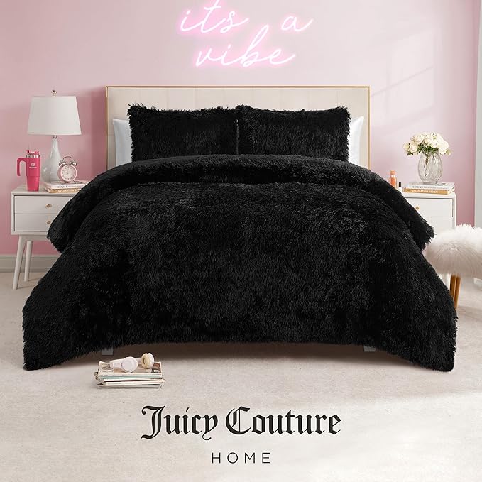 Juicy Couture Shaggy Faux Fur Black Twin/Twin XL Comforter Set - Soft and Cozy 2-Piece Machine Washable Bedding Comforter and Sham Set