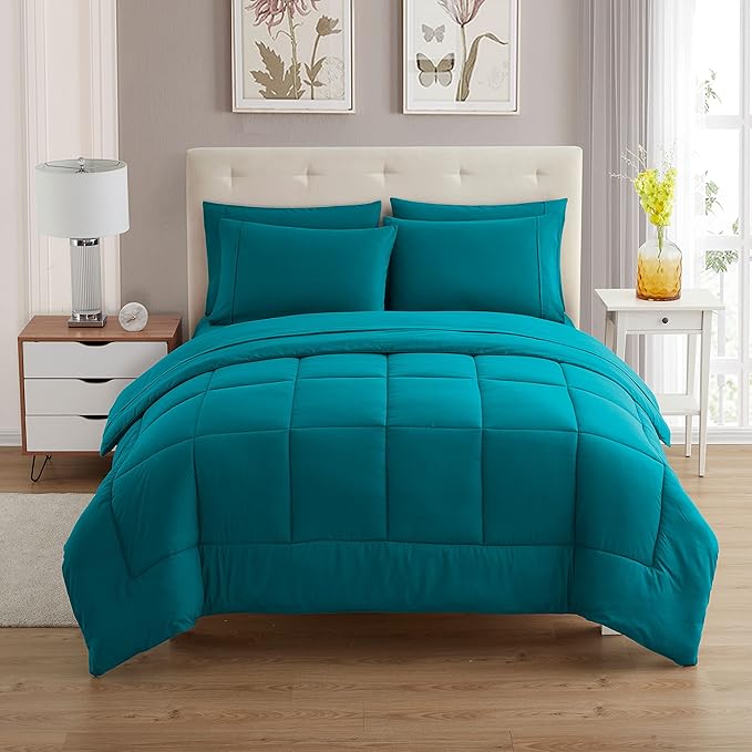 Sweet Home Collection 7 Piece Comforter Set Bag Solid Color All Season Soft Down Alternative Blanket & Luxurious Microfiber Bed Sheets, Teal, Full