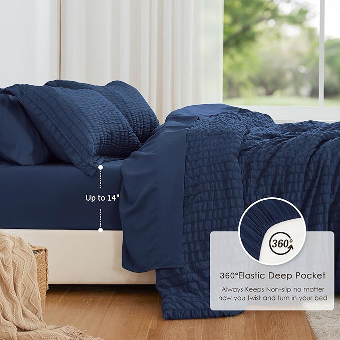 Love's cabin Seersucker Dark Blue California King Comforter Set, 7-Piece All Season Lightweight Bed in a Bag Bedding Set with Comforter, Flat Sheet, Fitted Sheet, Pillowcases and Shams | Soft, Breathable, Lightweight