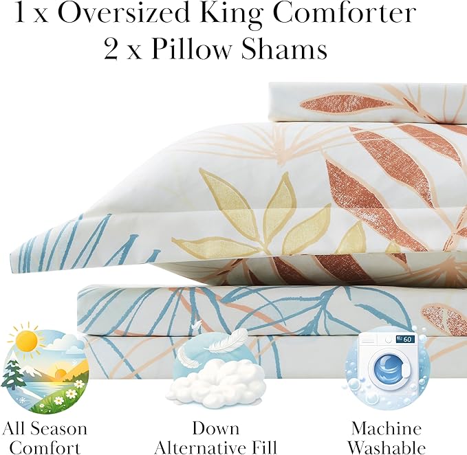 Southshore Fine Living, Inc. 3-Piece King/California King Size Comforter Set with 2 Quilted Pillow Shams, Cozy Microfiber, Down Alternative King Bedspread, King/California Size, Tropical Leaf Cream