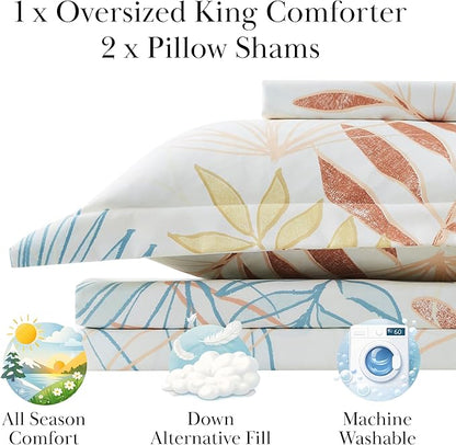 Southshore Fine Living, Inc. 3-Piece King/California King Size Comforter Set with 2 Quilted Pillow Shams, Cozy Microfiber, Down Alternative King Bedspread, King/California Size, Tropical Leaf Cream