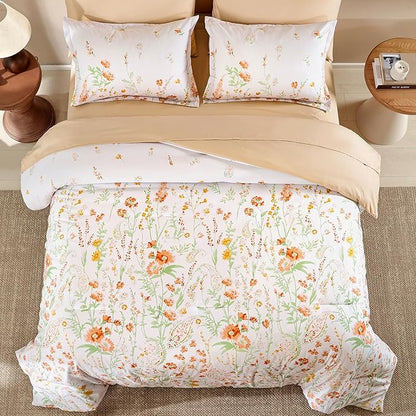 Yiran Coral Orange Watercolour Floral Comforter Set King Size, 7 Piece Cute Botanical Comforter Bedding Set, Bed in a Bag King, Soft Microfiber Complete Bedding Set with Sheets for All Season