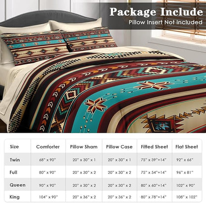 Comforter Set Twin Size, African Tribal Ethnic 5 Pcs Bedding for Kids and Adults, Mexican Moroccan Aztec Bed Sheet Sets with Fitted Sheet Pillowcase & Sham for Bedroom Bed Decor