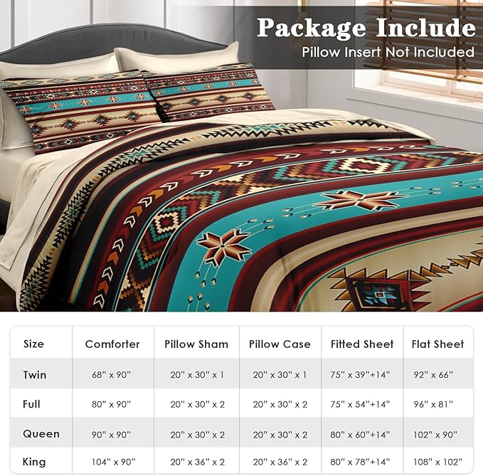 Comforter Set Queen Size, African Tribal Ethnic 7 Pcs Bedding for Kids and Adults, Mexican Moroccan Aztec Bed Sheet Sets with Fitted Sheet 2 Pillowcases & 2 Shams for Bedroom Bed Decor