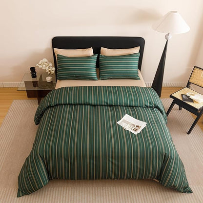 KAREVER Green Stripes Comforter King Vertical Ticking Striped Dark Green Bedding Set Durable Chic and Stylish Bedroom Set