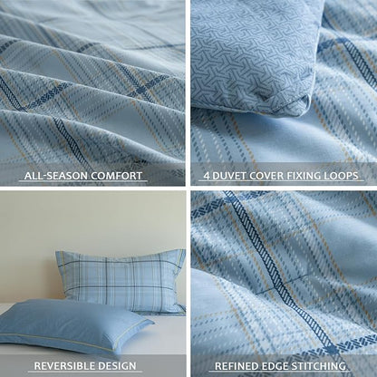Queen Size Blue Plaid Comforter Set, 3Pcs Cotton Duvet for All Seasons, Warmth Breathable Bedding Set with 1 Lightweight Comforter and 2 Pillow Shams