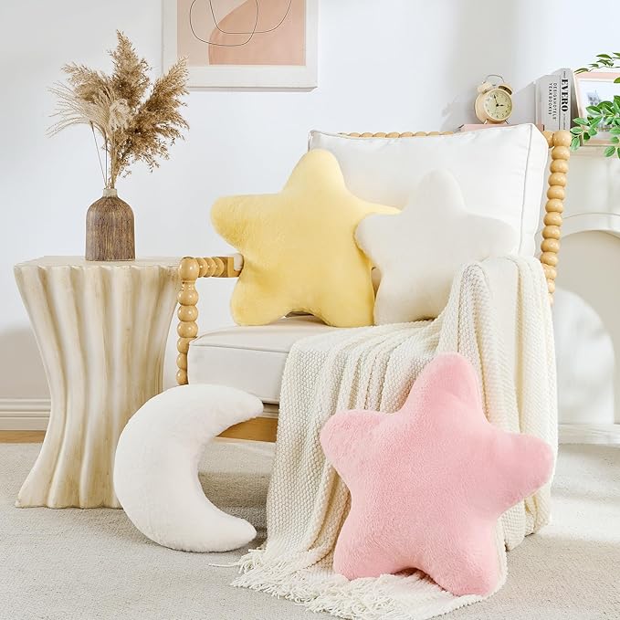 Star Pillow 15.7" Purple Star Shaped Decorative Throw Pillow for Couch Bed Aesthetic Plush Floor Seating Cushions with Soft Faux Rabbit Fur for Sofa Bedroom Living Room