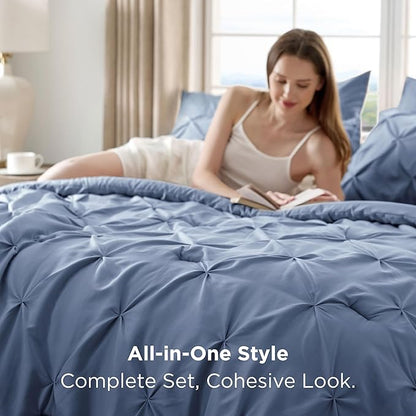 Bedsure California King Comforter Set - Bed in a Bag Cal King Bedding Set 7 PCS, GentleSoft™ Pintuck Bed Set Gift for Family, Pinch Pleat Slate Blue Comforter with Sheets, Pillowcases & Shams
