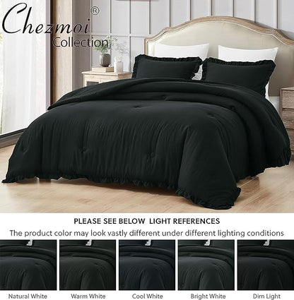 Chezmoi Collection Nora Black Comforter Set Full Size 3-Piece Fluffy Soft Stone-Washed Ruffled Shabby Chic Bedding for All Season