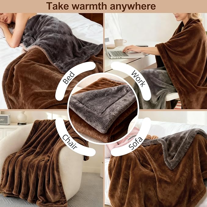 Electric Heated Blanket Throw 50''x60'' – Soft Dual-Sided Flannel, 12 Heat Settings, Smart Timer, ETL & FCC Certified, Machine Washable (Brown & Gray, Single(50"x60"))