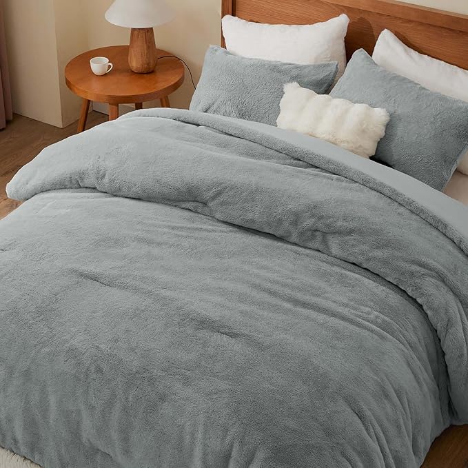 BEDELITE Faux Fur Fleece King Comforter Set - Fluffy & Warm Grey Comforter King Size，Ultra Soft and Cozy Winter Bedding Set,Fuzzy Thick Bed Set,1 Comforter and 2 Pillowcases