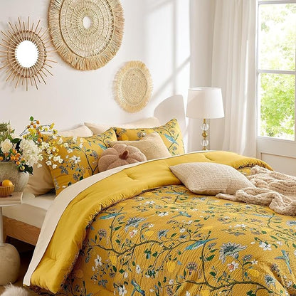MUSSEL Bedding California King Size Comforter Set 3 Pieces,Yellow Vintage Botanical Floral Pattern Bed Comforter Sets,Boho Whimsical Modern Printed Design Cute Seersucker Bedroom Comforter and Shams