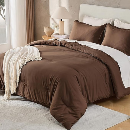 Andency Dark Brown Full Size Comforter Set, 3 Pieces Boho Solid Reversible Bed Comforter, All Season Lightweight Soft Microfiber Bedding Comforter Set for Girls, Women, Adults