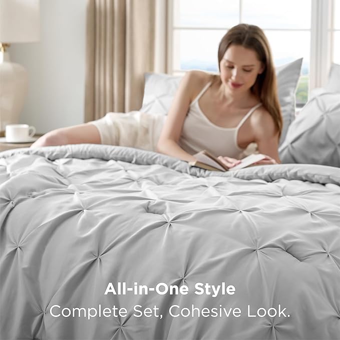 Bedsure King Size Comforter Set Light Grey - Bed in a Bag Bedding Set 7 Pieces, GentleSoft™ Pintuck Bed Set Gift for Family, Pinch Pleat Light Grey Comforter with Sheets, Pillowcases & Shams