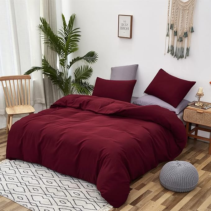 Luxlovery Dark Red Comforter Set Cal King Burgundy Bedding Set California King Women Wine Red Crimson Blanket Quilts Modern Solid Claret 3 Piece Marroon Bedding Comforter Set