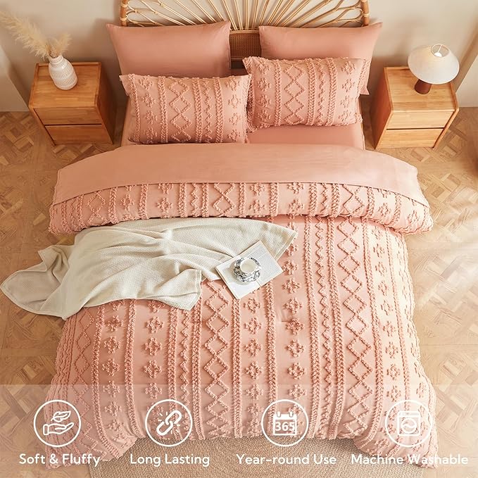 MR&HM Queen Comforter Set Coral Pink, 7 Pieces Tufted Boho Beddding Sets, Farmhouse Style Bed in a Bag with 1 Comforter, 2 Pillow Shams, 2 Pillowcases, 1 Flat Sheet, 1 Fitted Sheet for All Seasons