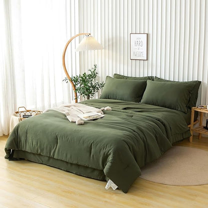 COTTEBED Super Soft King Size Comforter Set with Sheets - 7 Pieces KING BED IN A BAG Modern Farmhouse Boho Washed PolyCotton Comforter and Bedding Sheet Set Pillow Sham All Season Use Dark Olive Green