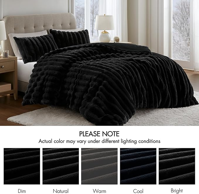 Madison Park Jasmine Queen Comforter Set, Luxurious Reversible Faux Fur Plush Ribbed Velvet Bedding, Fuzzy Thick Warm Winter Comforter, Super Soft Fluffy 3-Piece Set Black