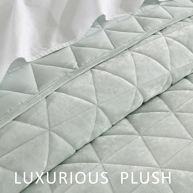 Homzard Velvet Quilt Set Queen Size Bedding Set,Mint Quilts Queen Size, Luxury Velvet Comforter, Light Green Bedspreads,Soft Lightweight Bed Set 3 Piece All Season