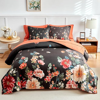 Joyreap 6 Piece Bed in a Bag Twin, Floral Comforter Sheet Set, Black n Orange Flowers Design, All Season Microfiber Bedding Comforter Set