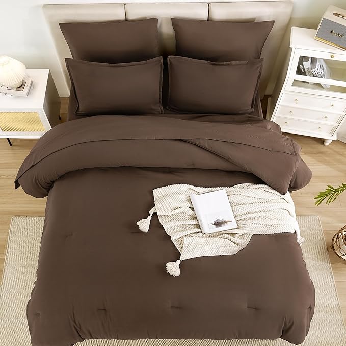 Litanika King Size Comforter Set Brown - 7 Pieces Bed in a Bag King Bedding Comforter Sets, Solid Lightweight Bed Set with Comforter, Sheets, Pillowcases & Shams