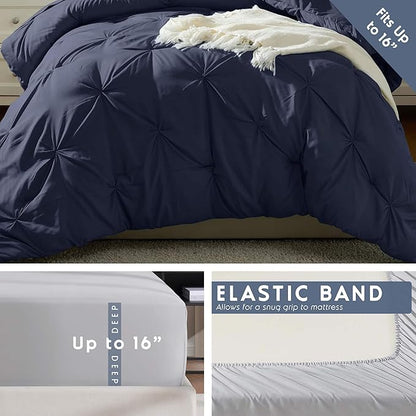 Nestl Twin XL Comforter Set 5 Piece - Pintuck Twin XL Bedding Set Navy, College Dorm Room Essentials Bed in a Bag, Twin XL Comforter Set for College Girls and Boys with Sheets, Pillowcase and Sham