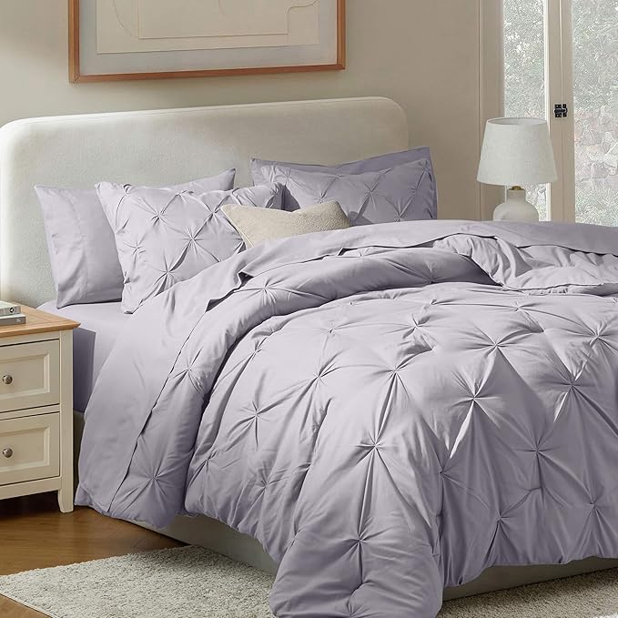 Nestl California King Comforter Set 7 Piece - Pintuck Cal King Comforter Set Grey Lavender, California King Bed in a Bag, All Season Bed Set with Flat Sheet and Fitted Sheet, Pillowcases and Shams