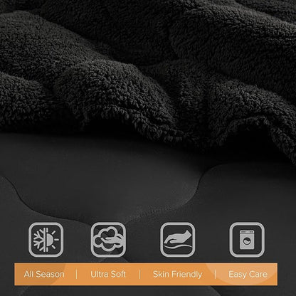 Comfort Spaces Comforter Set, Chic Reversible Quatrefoil Quilting, Sherpa Comforters Twin, All Seasons, Lightweight Microfiber Bedding Set Matching Sham, Vixie, Twin/Twin XL Black/Black 2 Piece