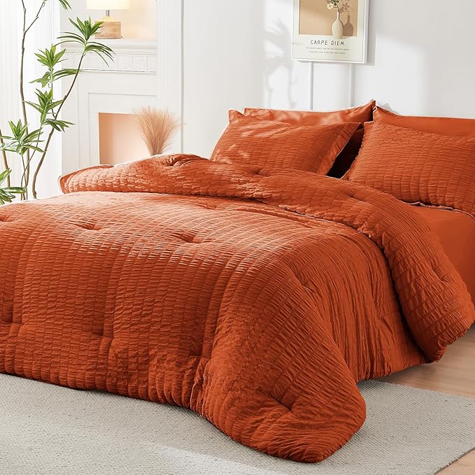 HYMOKEGE Burnt Orange Twin Comforter Set Seersucker 5 Pieces, All Season Luxury Bed in a Bag for Bedroom, Bedding Set with Comforters, Sheets, Pillowcase & Sham