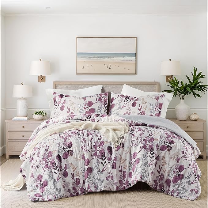 Lightweight Seersucker Botanical Comforter Set King Size, 3 Pieces Reversible Design with Striped Print, Premium Microfiber Bedding Set, Comforter and Sham Set, Plum/Grey