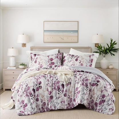 Lightweight Seersucker Botanical Comforter Set King Size, 3 Pieces Reversible Design with Striped Print, Premium Microfiber Bedding Set, Comforter and Sham Set, Plum/Grey