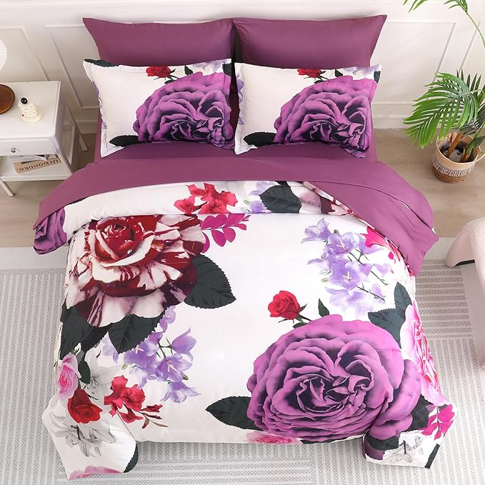 Drucon Purple Floral Comforter King Size 7 Pieces Bedding Sets Bed in a Bag, Botanical Floral Comforter with Sheet Set, Soft Microfiber Bedding Set for All Season(Purple, 104"x90")