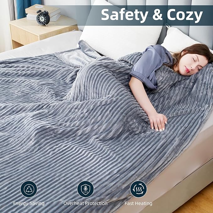 Electric Heated Blanket Full Size 72"x84",Fast Heating Throw, Soft Striped Flannel for Bed & Couch, 1-12 Hours Auto Off & 12 Heating Levels, Machine Washable, Gifts for Family-Light Gray