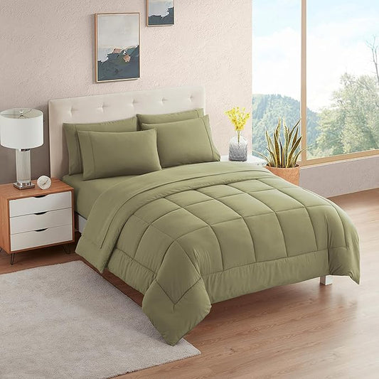 Sweet Home Collection 7 Piece Comforter Set Bag Solid Color All Season Soft Down Alternative Blanket & Luxurious Microfiber Bed Sheets, Sage, Full