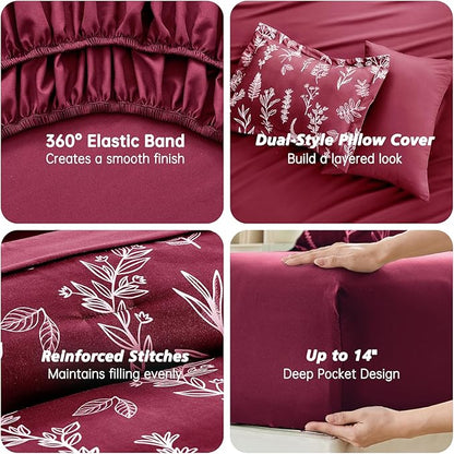 MUXHOMO Burgundy Full Comforter Set, Elegant Floral Print Bed in a Bag 7 Pieces, Ultra Soft & Breathable Reversible Botanical Pattern Bedding Set with Comforter, Sheets, Pillowcases, and Shams
