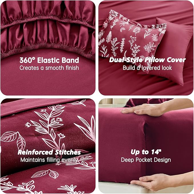 MUXHOMO Burgundy Bed in a Bag Queen 7 Pieces, Queen Comforter Set Reversible Botanical Flowers Design, Ultra Soft & Breathable Bedding Sets with Comforter, Sheets, Pillowcases & Shams