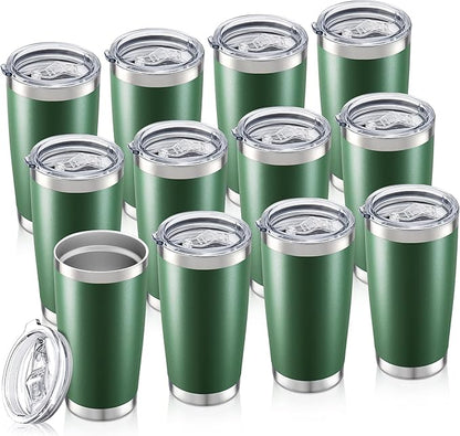 20 oz Tumbler Bulk with Lid Stainless Steel Insulated Tumblers Double Wall Vacuum Coffee Mug Powder Coated Tumbler Cups for Cold and Hot Drinks, Dark Green, 12 pack