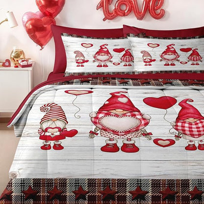 Nesker 7 Pcs Valentine's Day Comforter Set Queen Size, Cute Gnome Romantic Bedding Set for Kids and Adults, Christmas Love Funny Sheets Bed Sheet Sets with Fitted Sheet 2 Pillowcases & 2 Shams