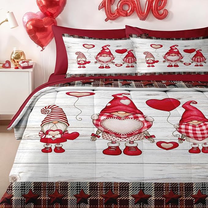 Nesker 7 Pcs Valentine's Day Comforter Set King Size, Cute Gnome Romantic Bedding Set for Kids and Adults, Christmas Love Funny Bed Sheet Sets with Fitted Sheet 2 Pillowcases & 2 Shams
