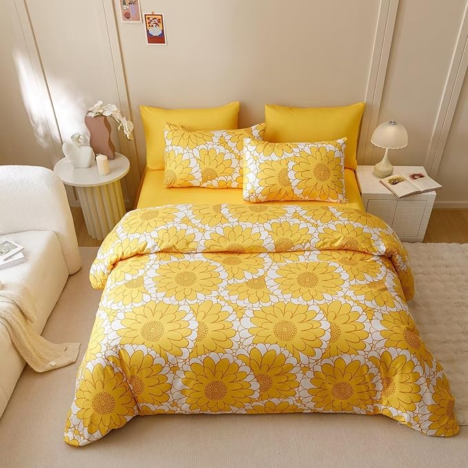 Houseri Yellow Floral Comforter Set King 3 Piece Yellow Sunflower Bedding King Size Lightweight Modern White and Yellow Botanical Bed Set Soft Comfy Quilt Blanket King